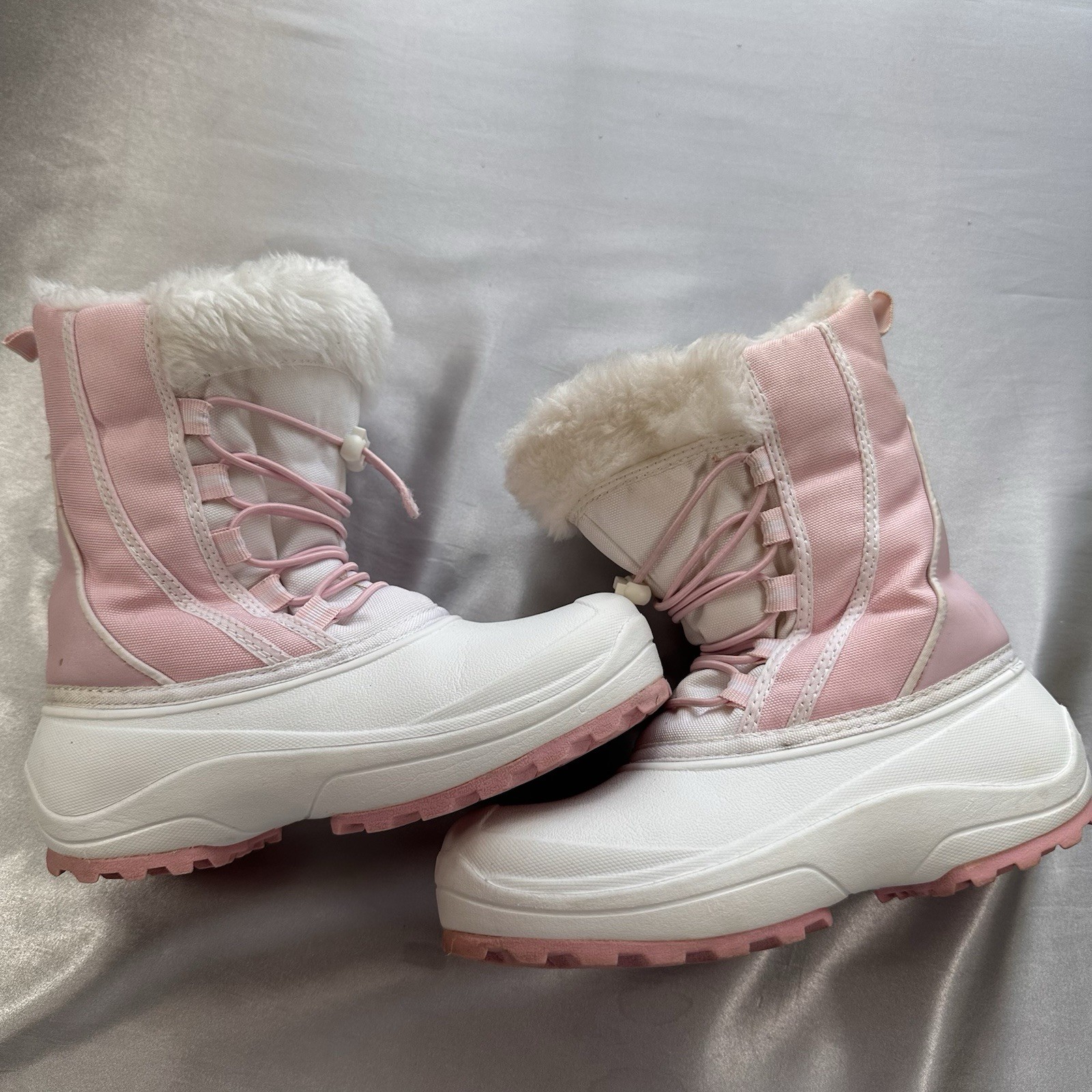 QUEST Thinsulate Girls Winter Boots White Pink Faux Fur Trim Lightweight Size 13