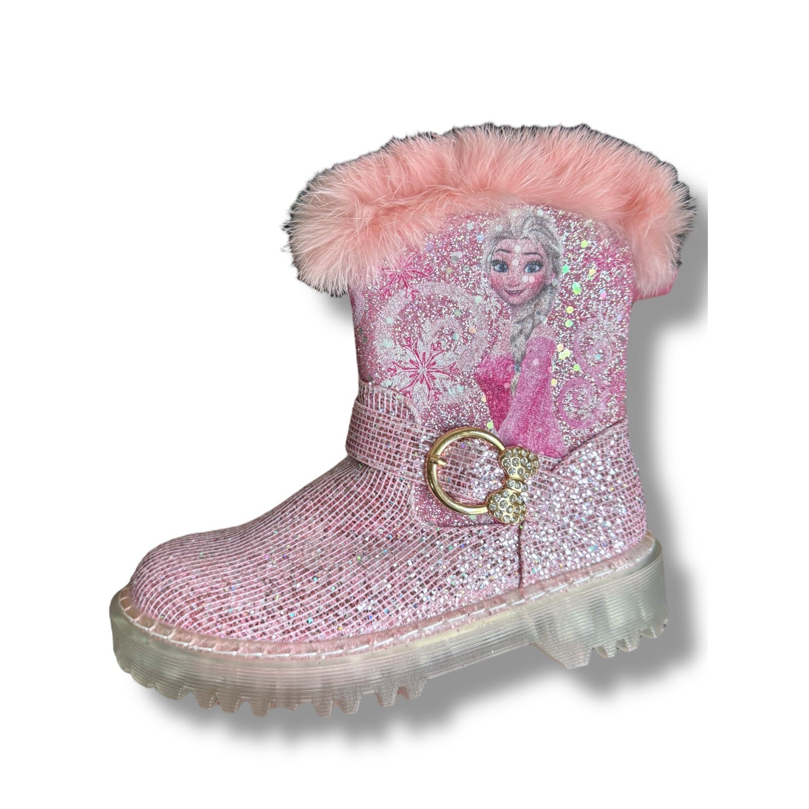 Elsa Frozen Boots Girls Pink Glitter Faux Fur Winter Boots Sz 32 Big girl 1 US