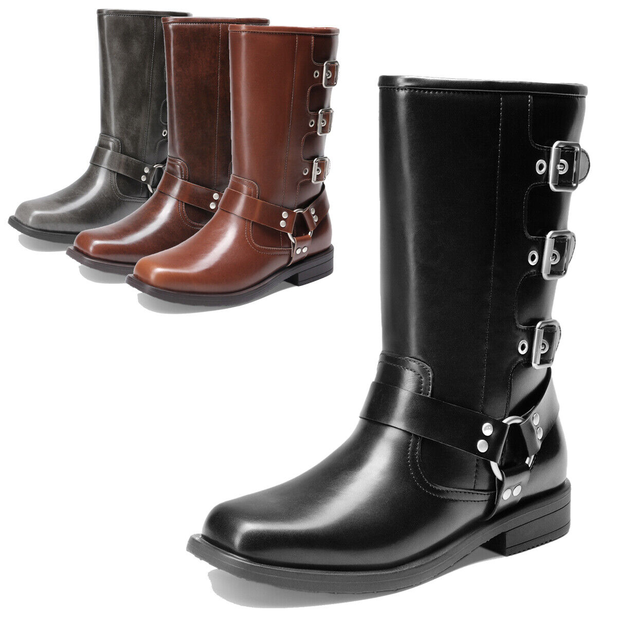 Girls Boots Square Toe Knee High Motorcycle Booties Buckles Riding Biker Boots