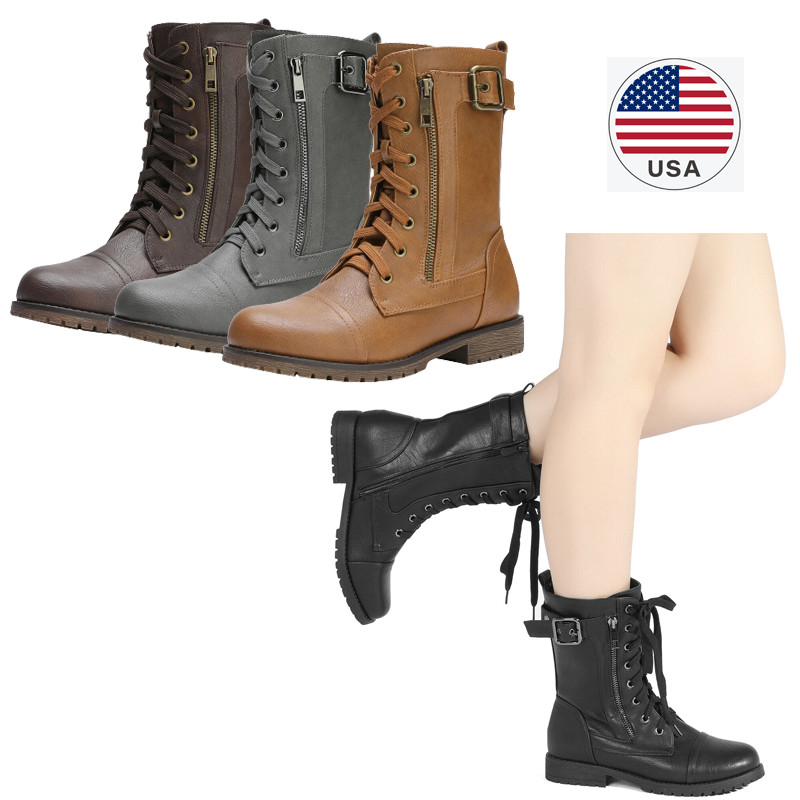 Women Winter Boots Faux Fur Lining Lace Up Military Combat Mid Calf Boots