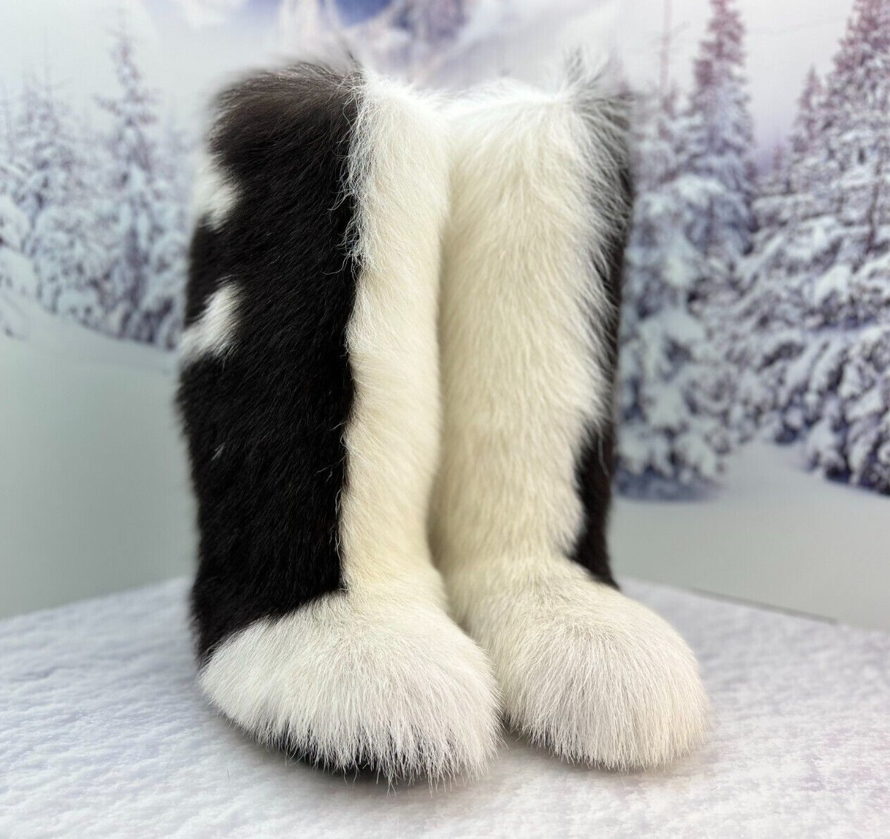 Knee Brown white goat fur women winter boots Yeti boots for women