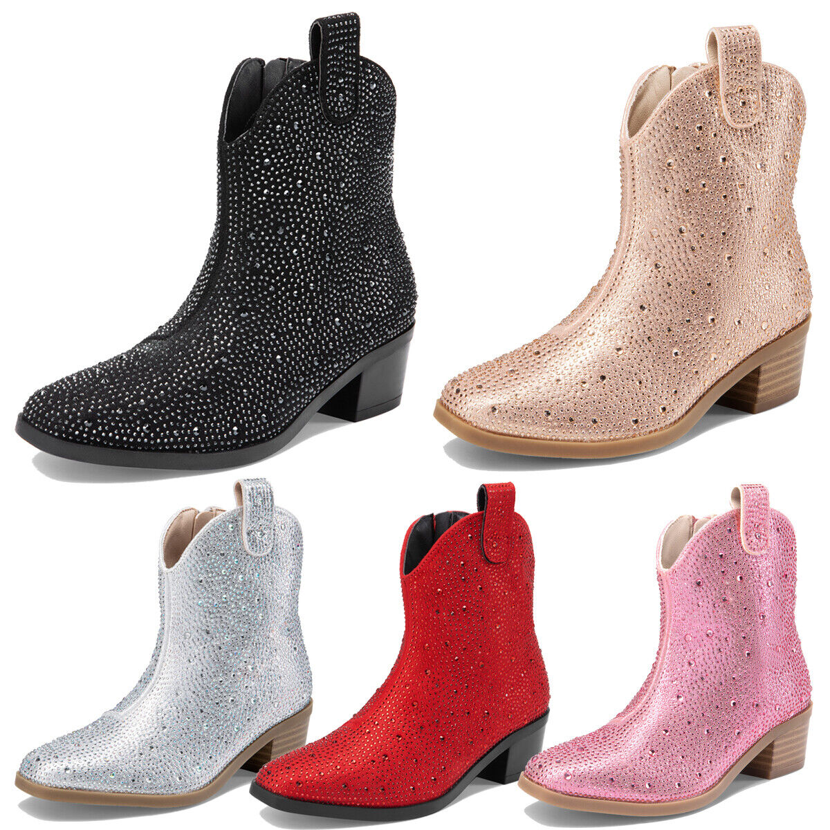 Girls Boots Cowgirl Cowboy Rhinestone Boots Ankle Low Heel Dress Booties