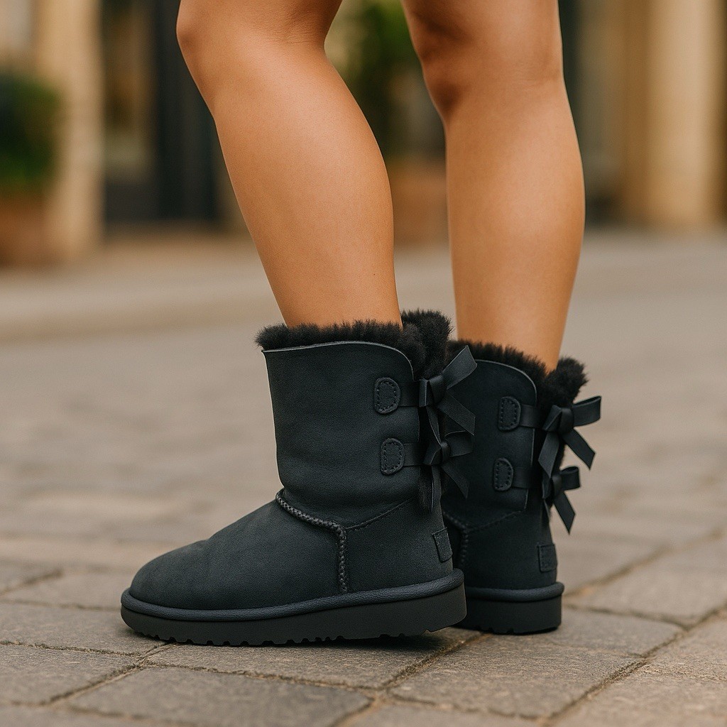 UGG Mini Bailey Bow II Girls Boots Black Sheepskin Size 1  Style 3280K