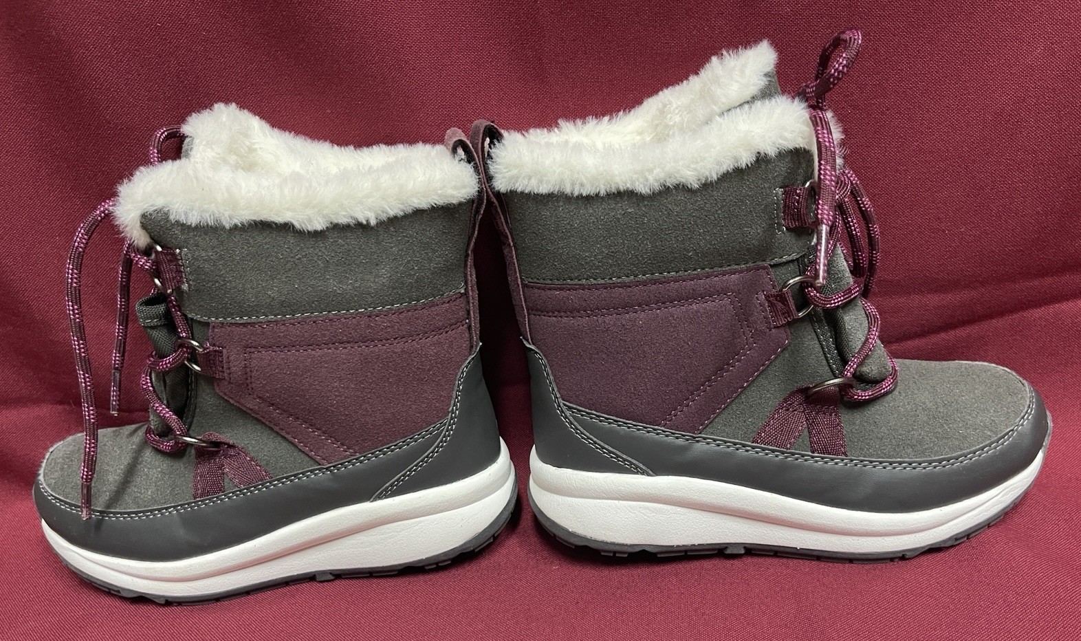 Cat & Jack Kasey Girls Winter Boots Sz 1 Gray/Burgundy Lace-up