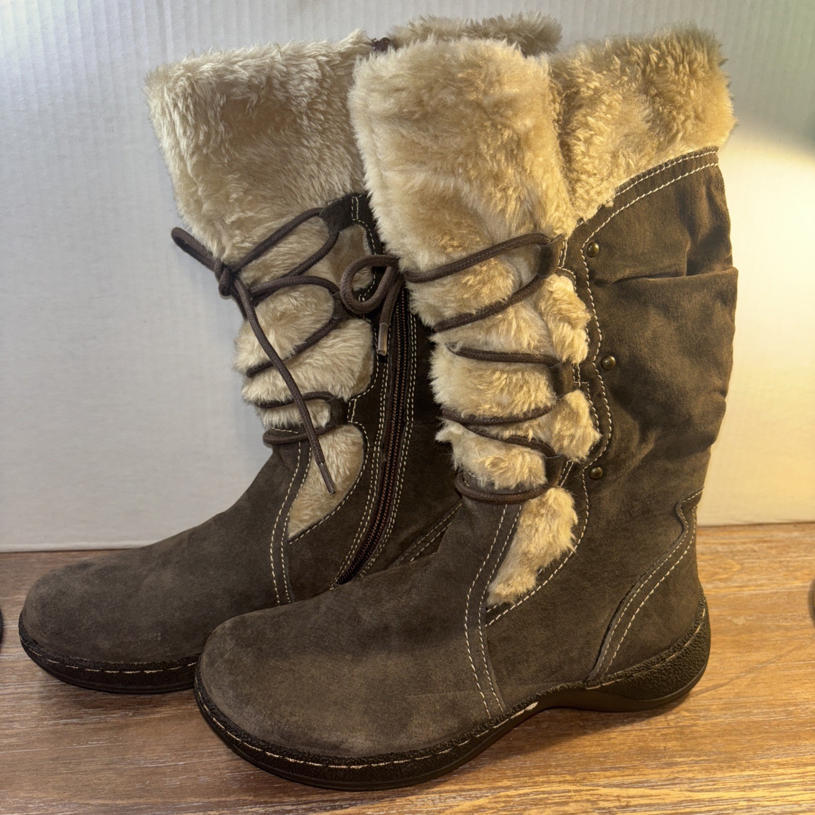 Brown Suede Leather Faux Fur Lining Women Winter Boots BARETRAPS Elicia 7.5 M-WC