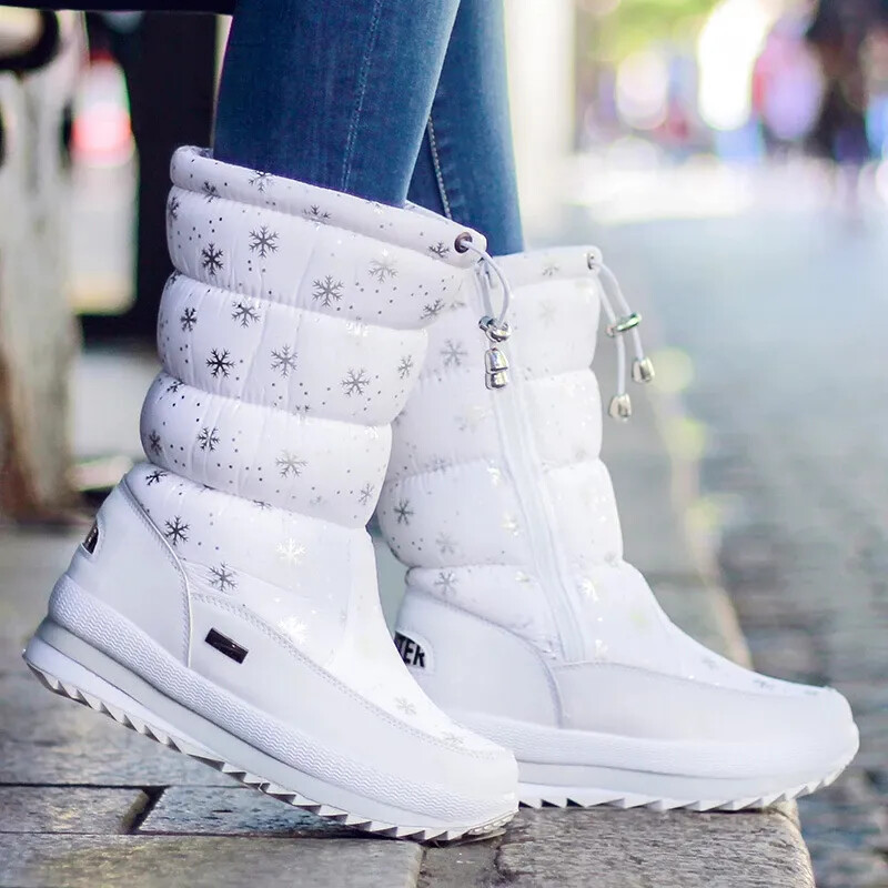 Women Winter Boots Platform Boots Waterproof Non-slip Plush Warm Mid-calf Boots
