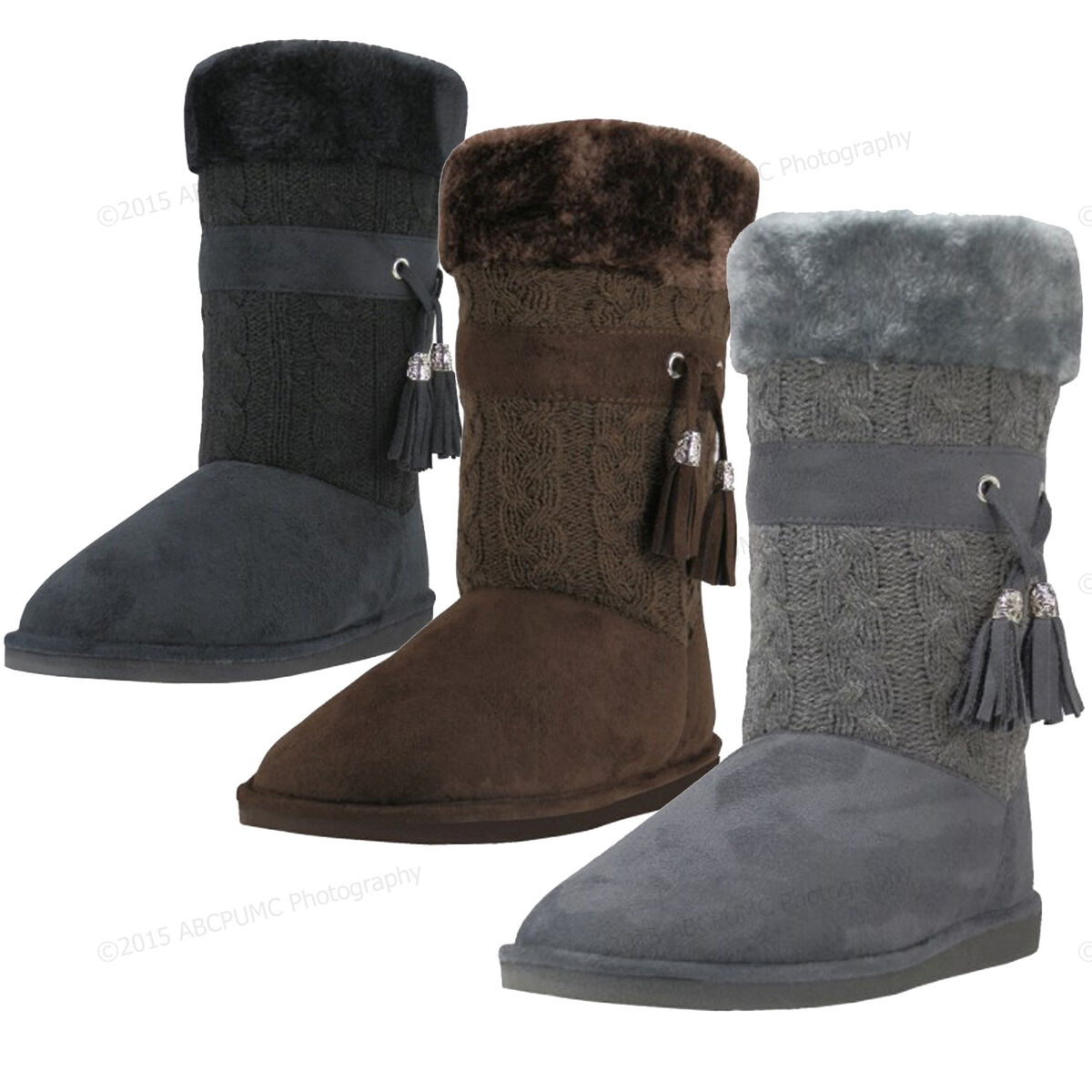 Women Winter Boots Sweater Knit Tassel Fur Lined Mid Calf Colors Shoes Size:6-11