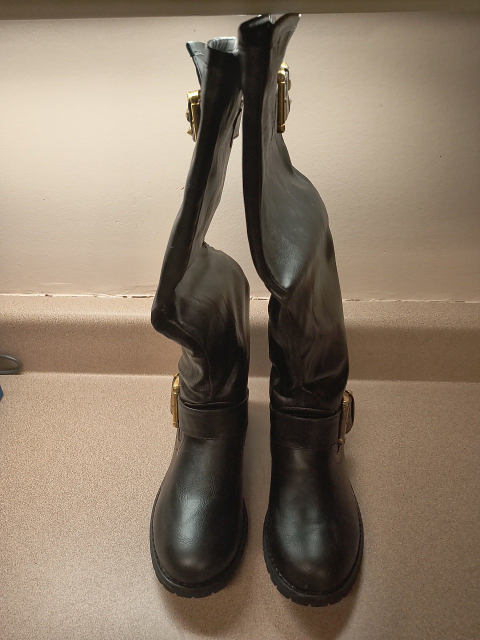 Women Boots Tall Riding Fashion Boots Buckle Wedge Black Size 6