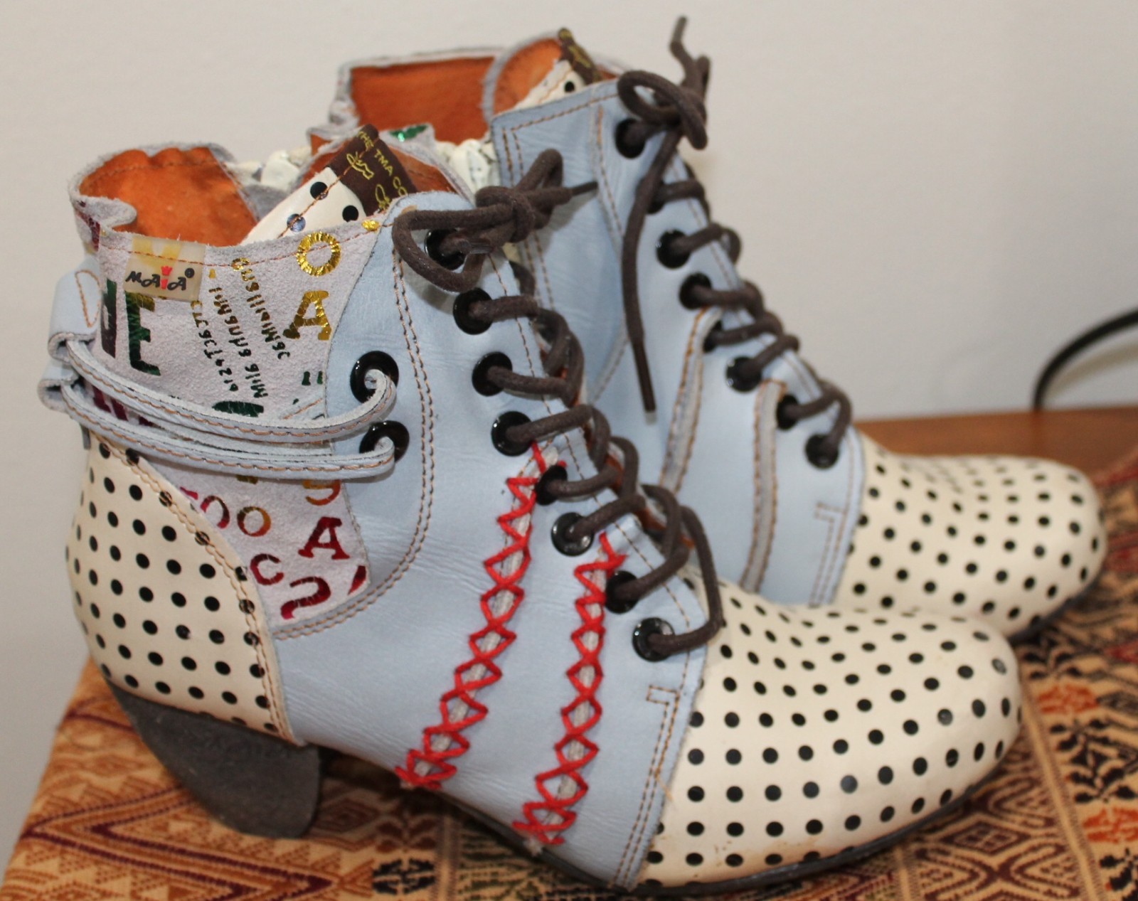 TMA EYES Polka Dot Leather Women Boots With Moccasin Hand Stitching Size 7