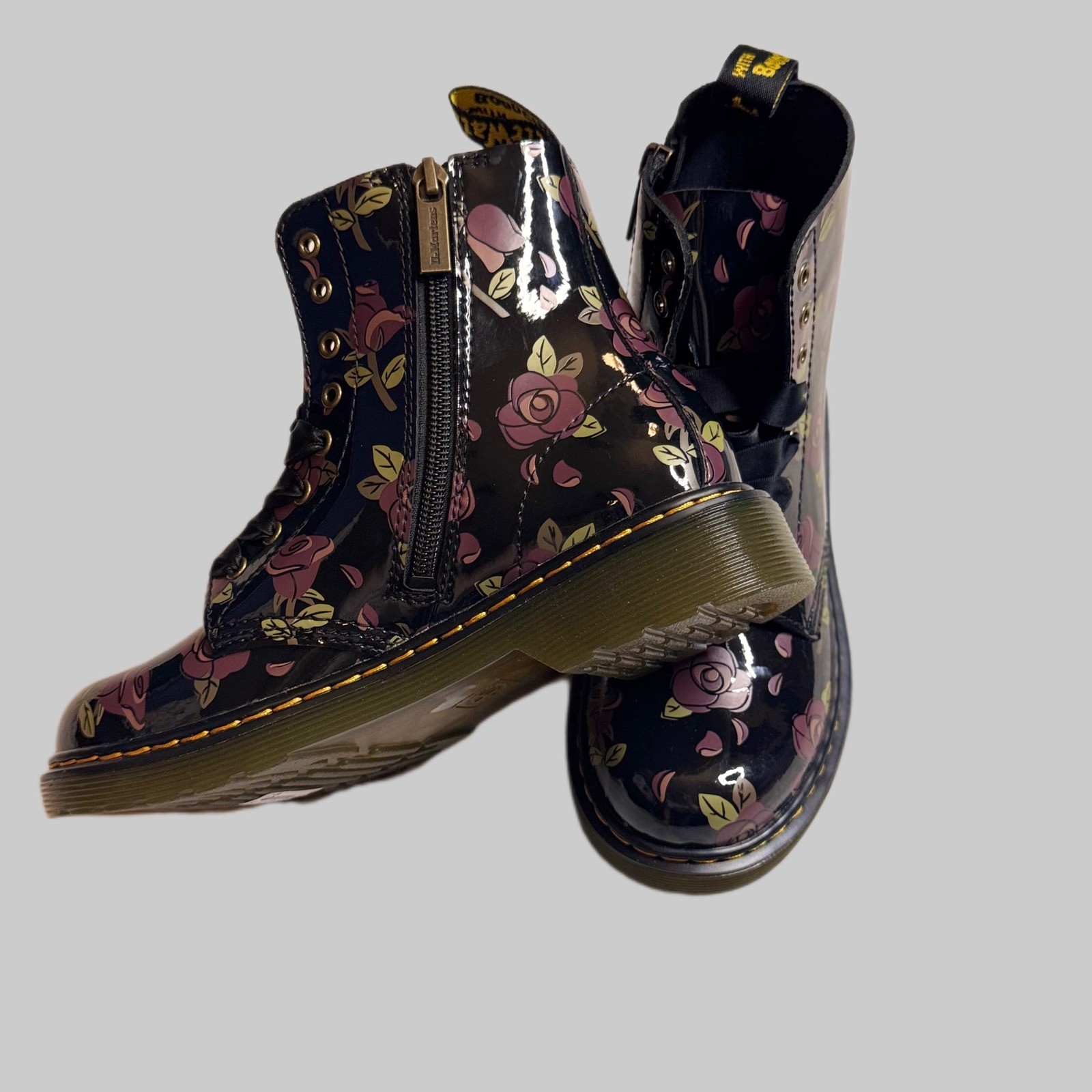 Dr. Martens Floral & Ribbon Patent Leather Zip Ankle Boots Kids Sz 3