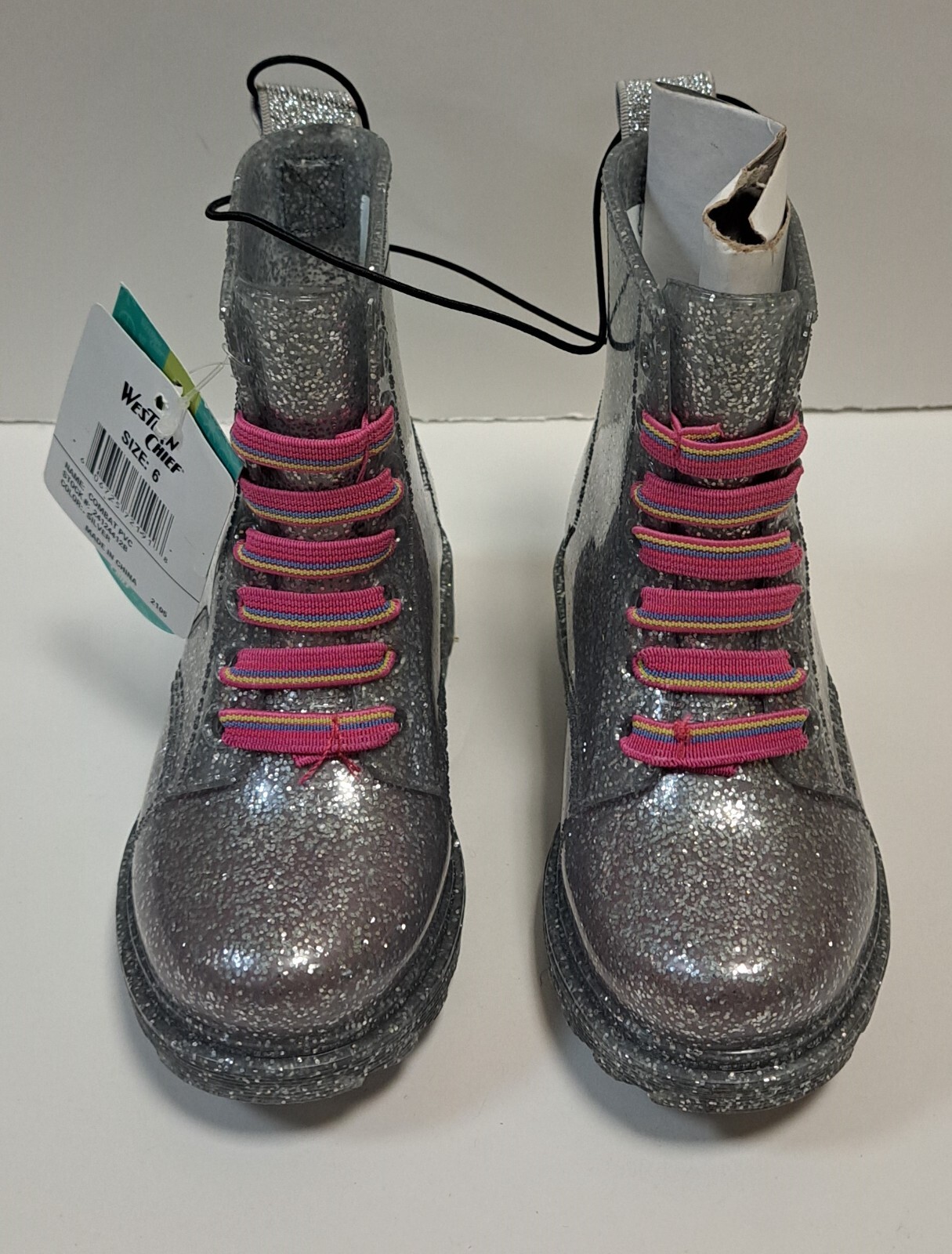 western chief…girls boots pvc silver glitter pink laces size 6