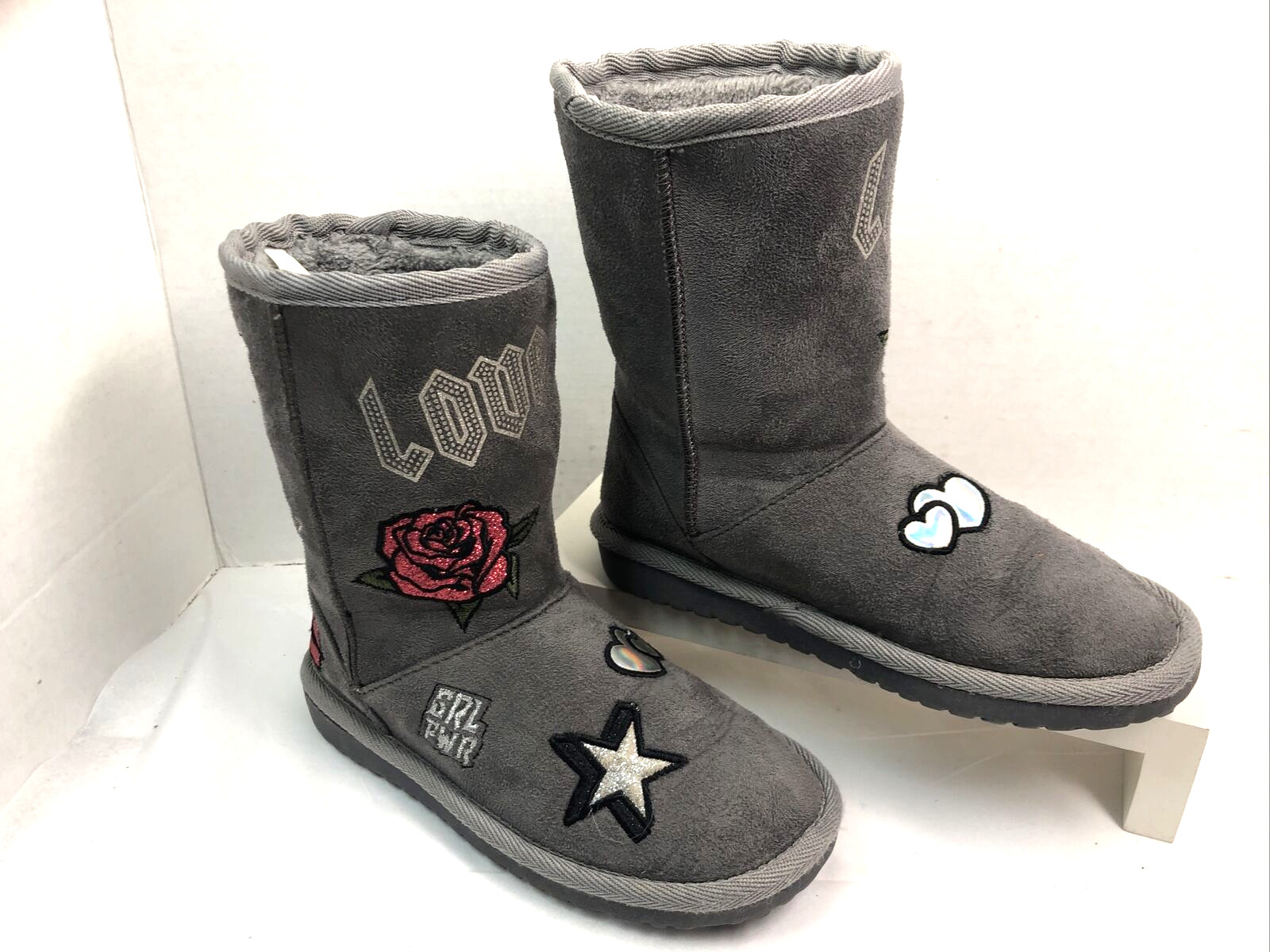 The Children’s Place Girls Winter Boots Size 1 Youth Gray Faux Fur Lined #52 H