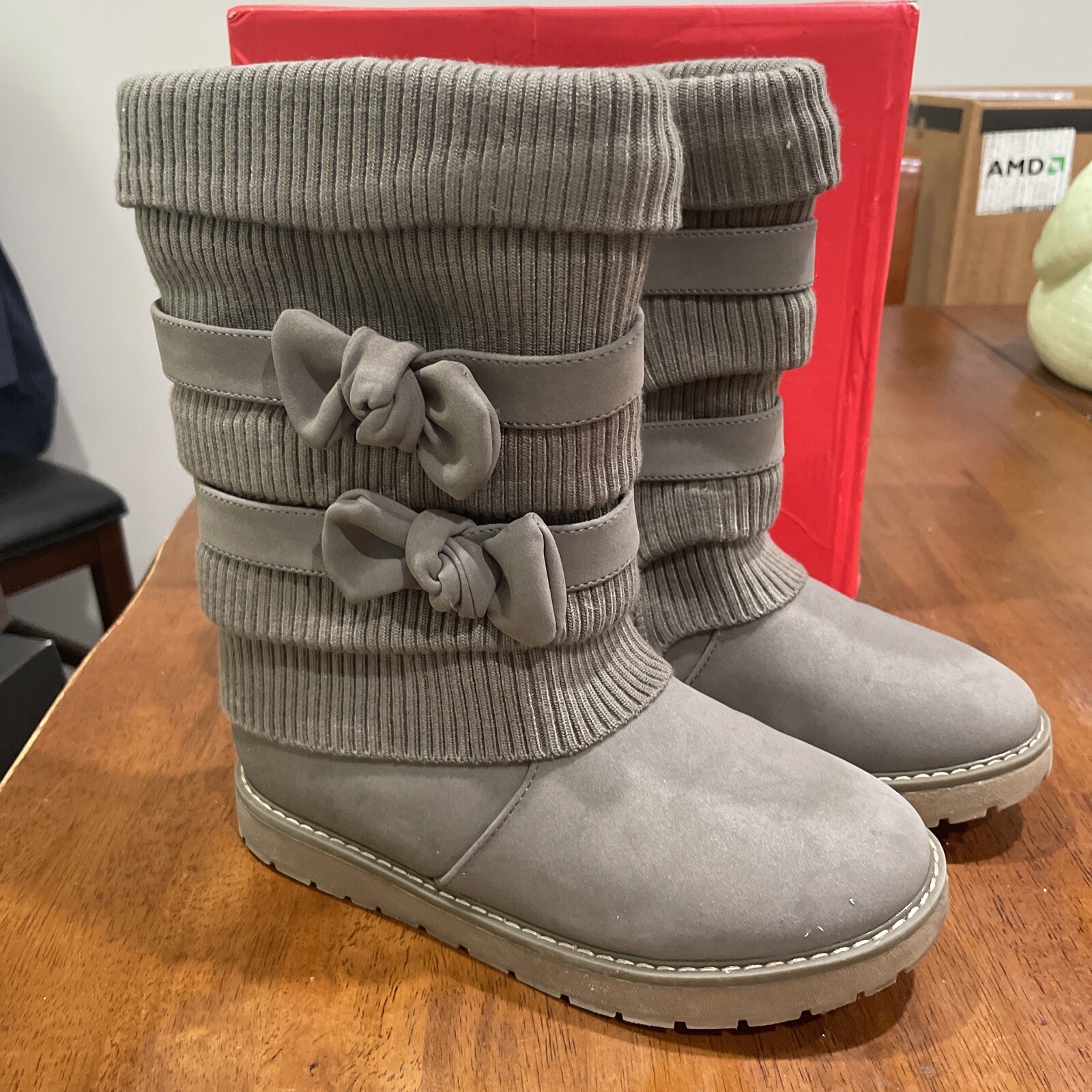 Dream Pairs Kids Girls Winter Boots Faux Fur Lined Mid Calf Boots Grey Bow Sz 4