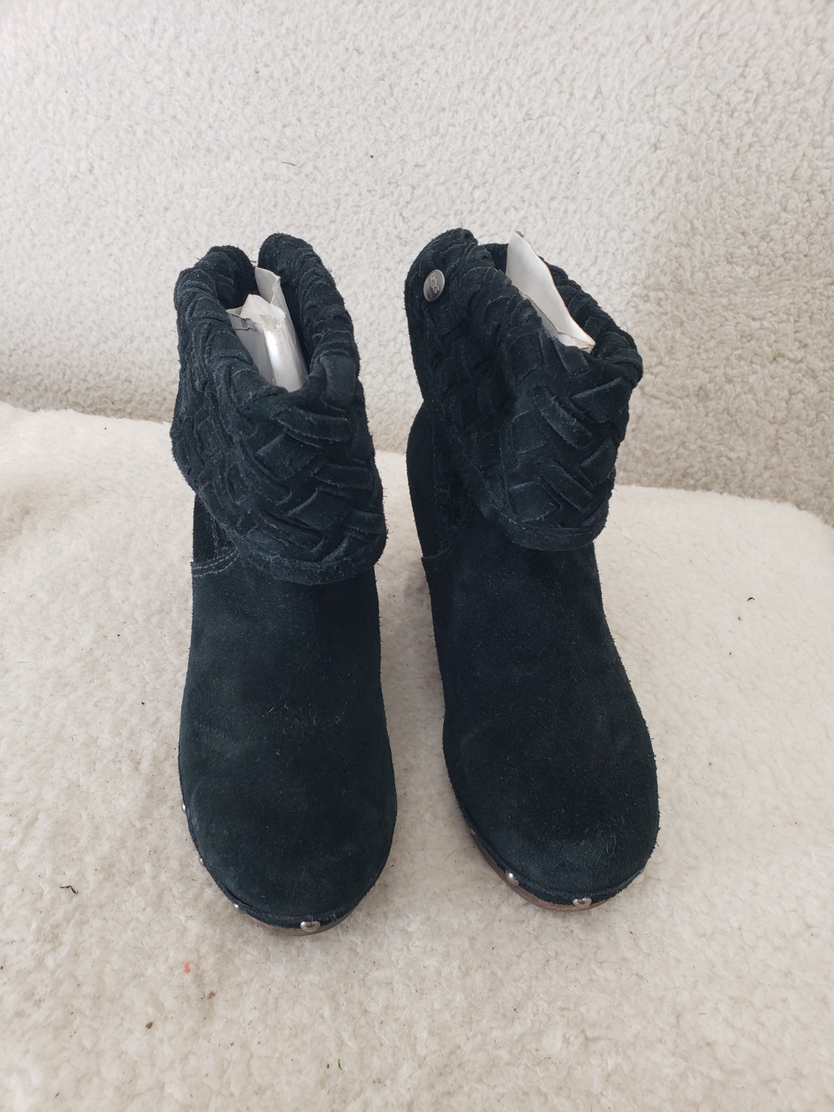 UGG Linnea Arroyo Women Boots 5 Black Sued Woven Folded Ankle Block Heel Shoes