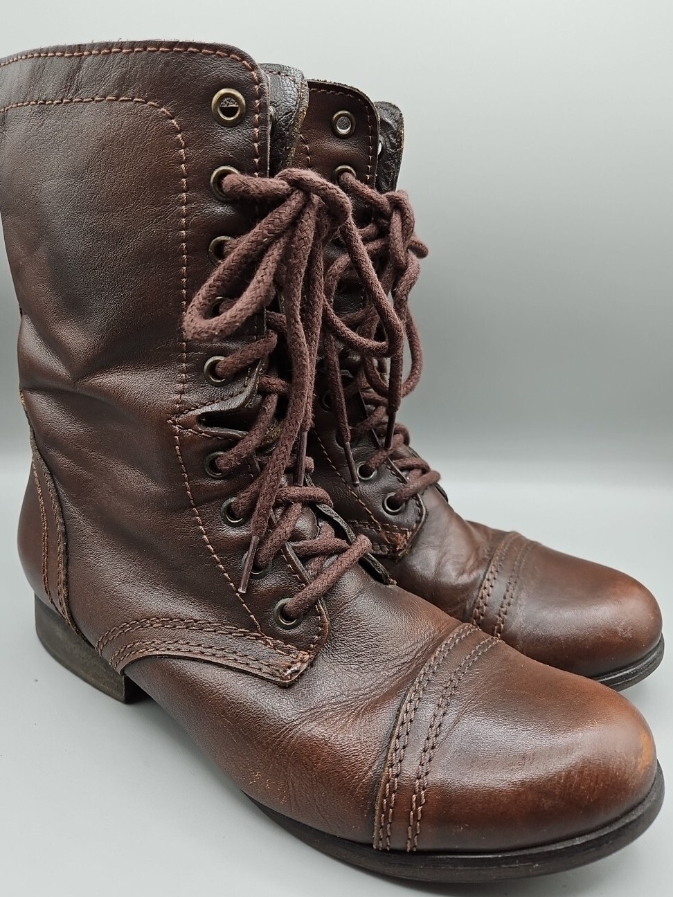 STEVE MADDEN Women Boots Troopa Leather 8 M Brown 8″ Cap-Toe Ankle Lace-Up