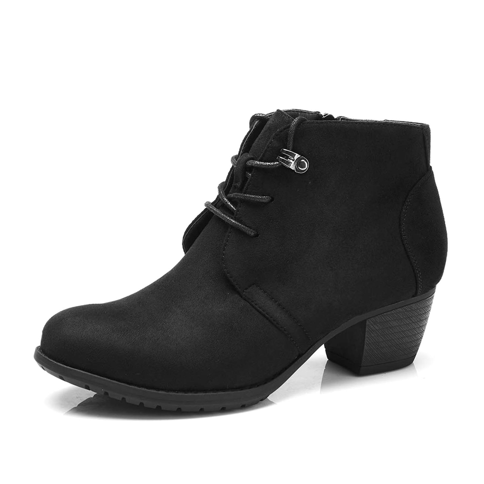 Women’s Low Heel Ankle Boots – Round Toe, Lace-Up, Comfortable, Side Zipper