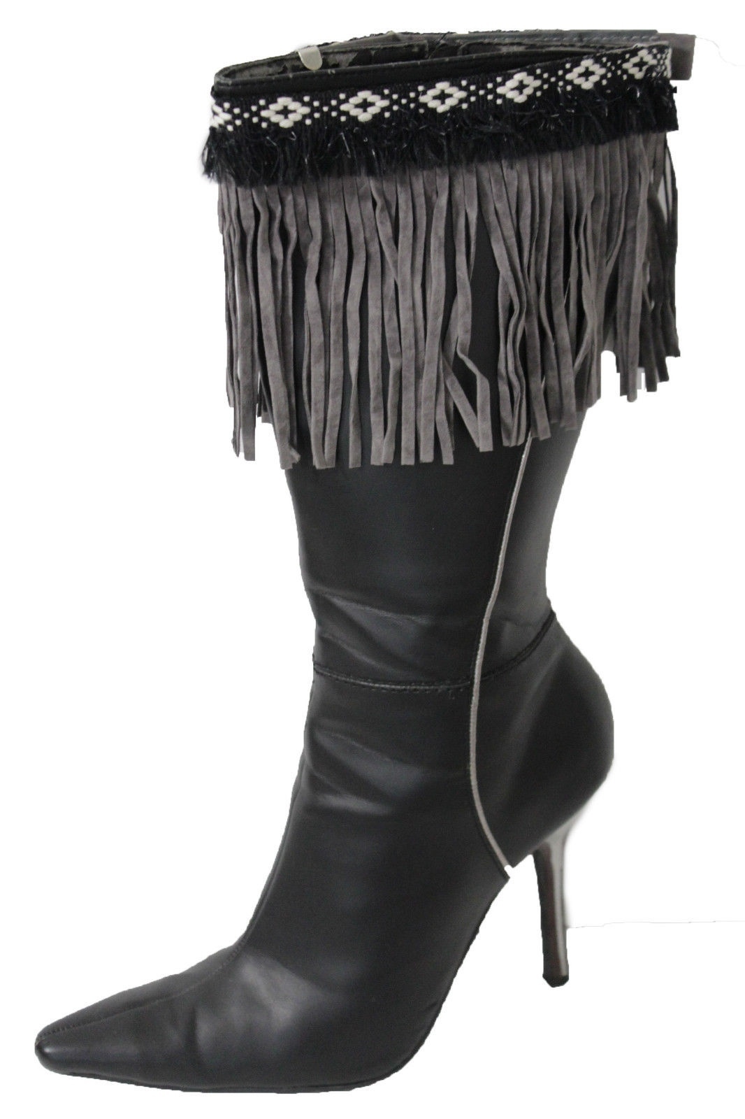 Western Women Winter Boots Toppers Gray Fabric Long Fringe Knee High White Cross