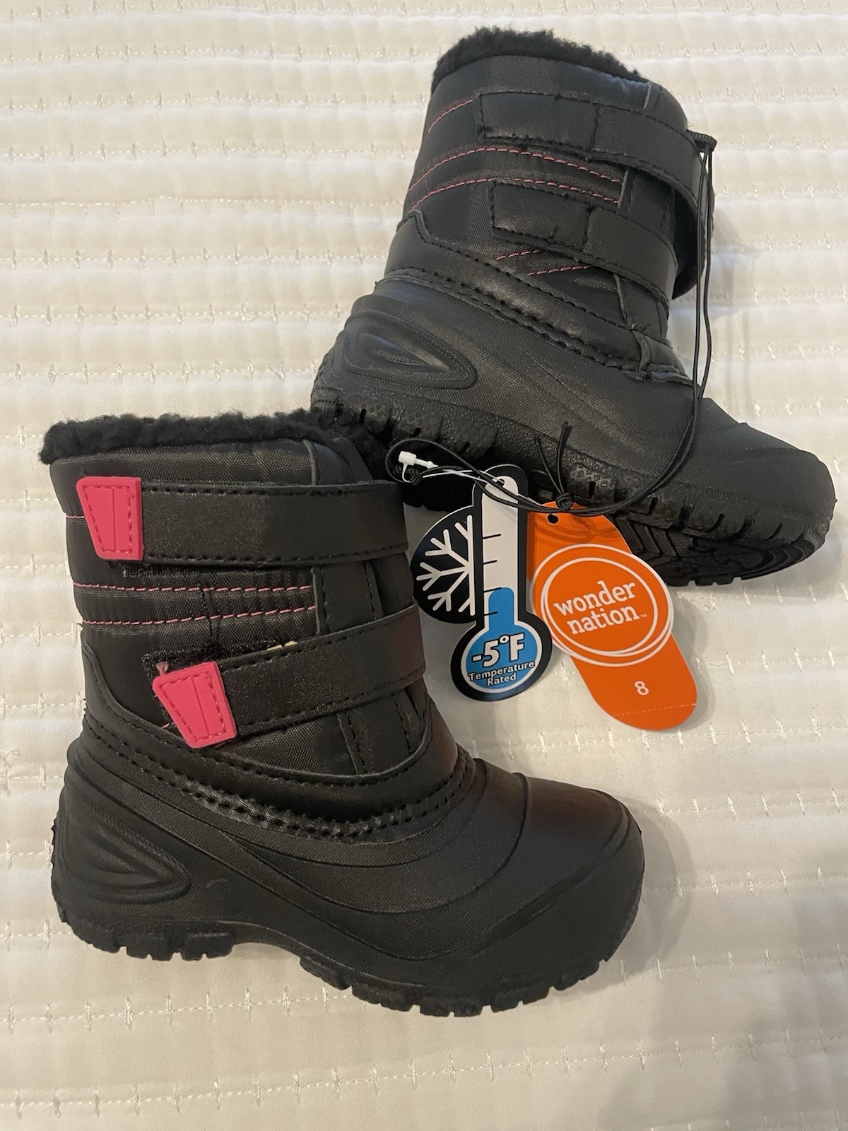 NWT Wonder Nation Toddler Girls Winter Boots Size 8 Black w/Pink hook & loop
