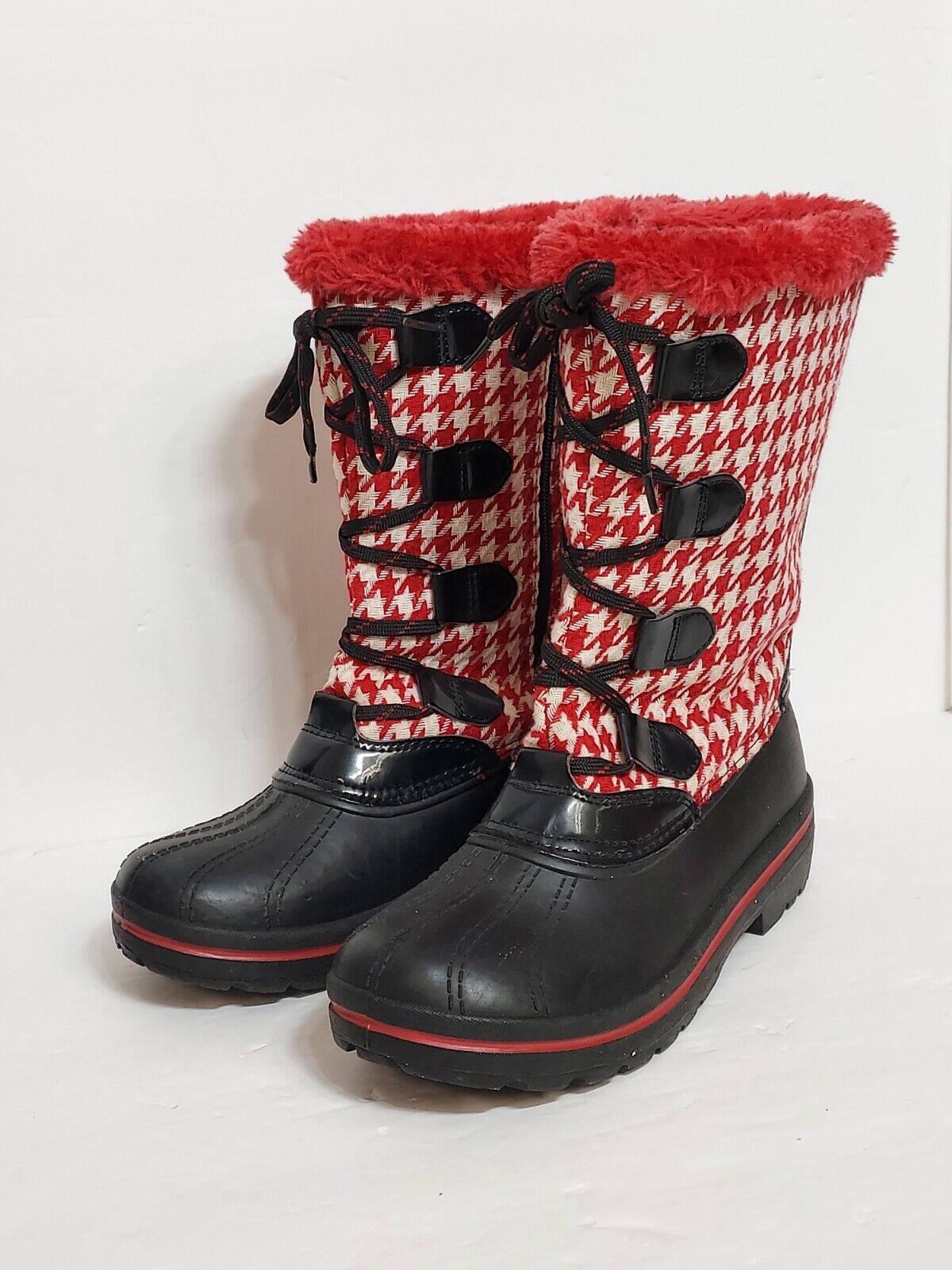 Ozark Trail Girl Boots Sz 5 Red Houndstooth Faux Fur Waterproof Madeline Costume