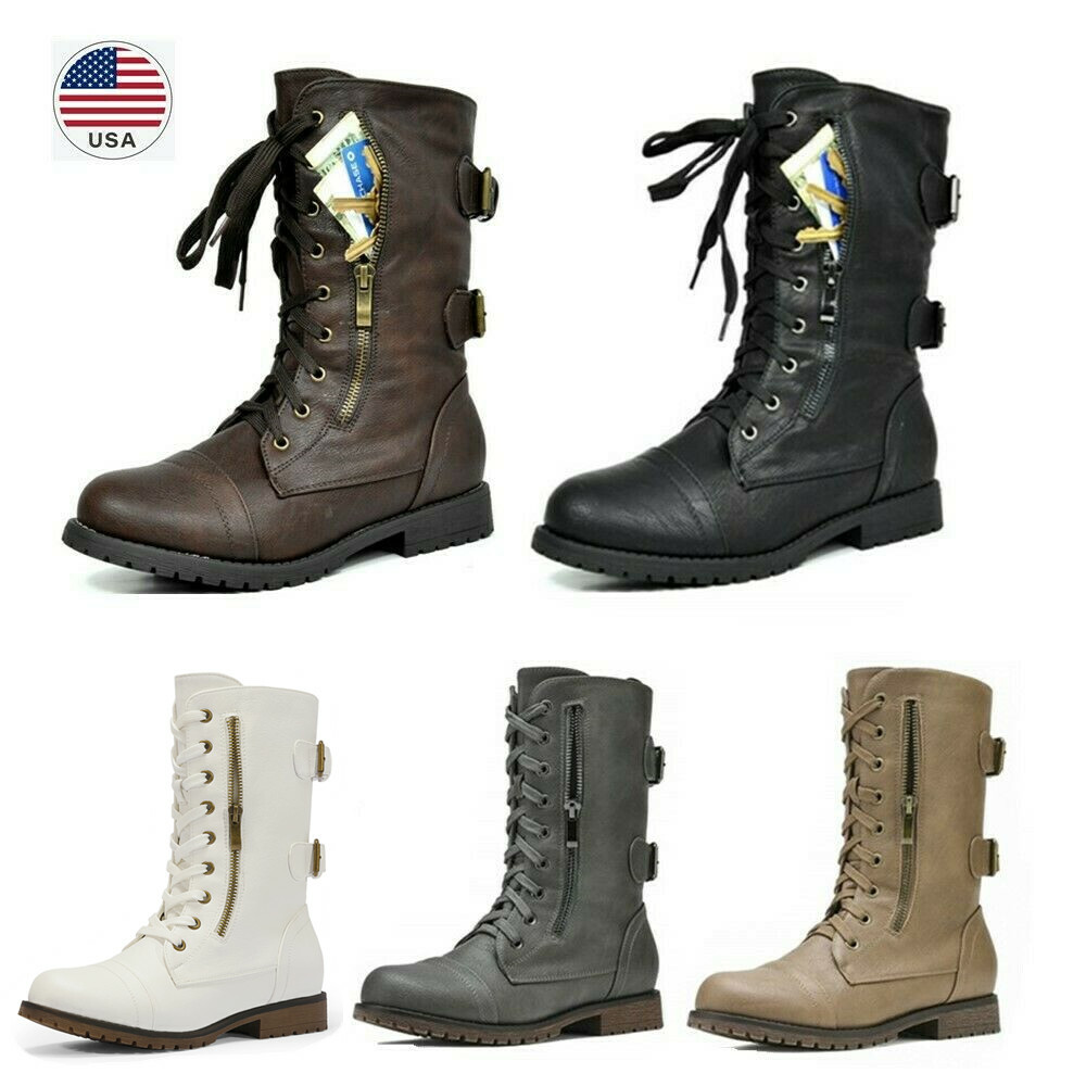 Women’s Lace up Mid Calf Military Combat Motorcycle Boots Ankle Bootie for Women
