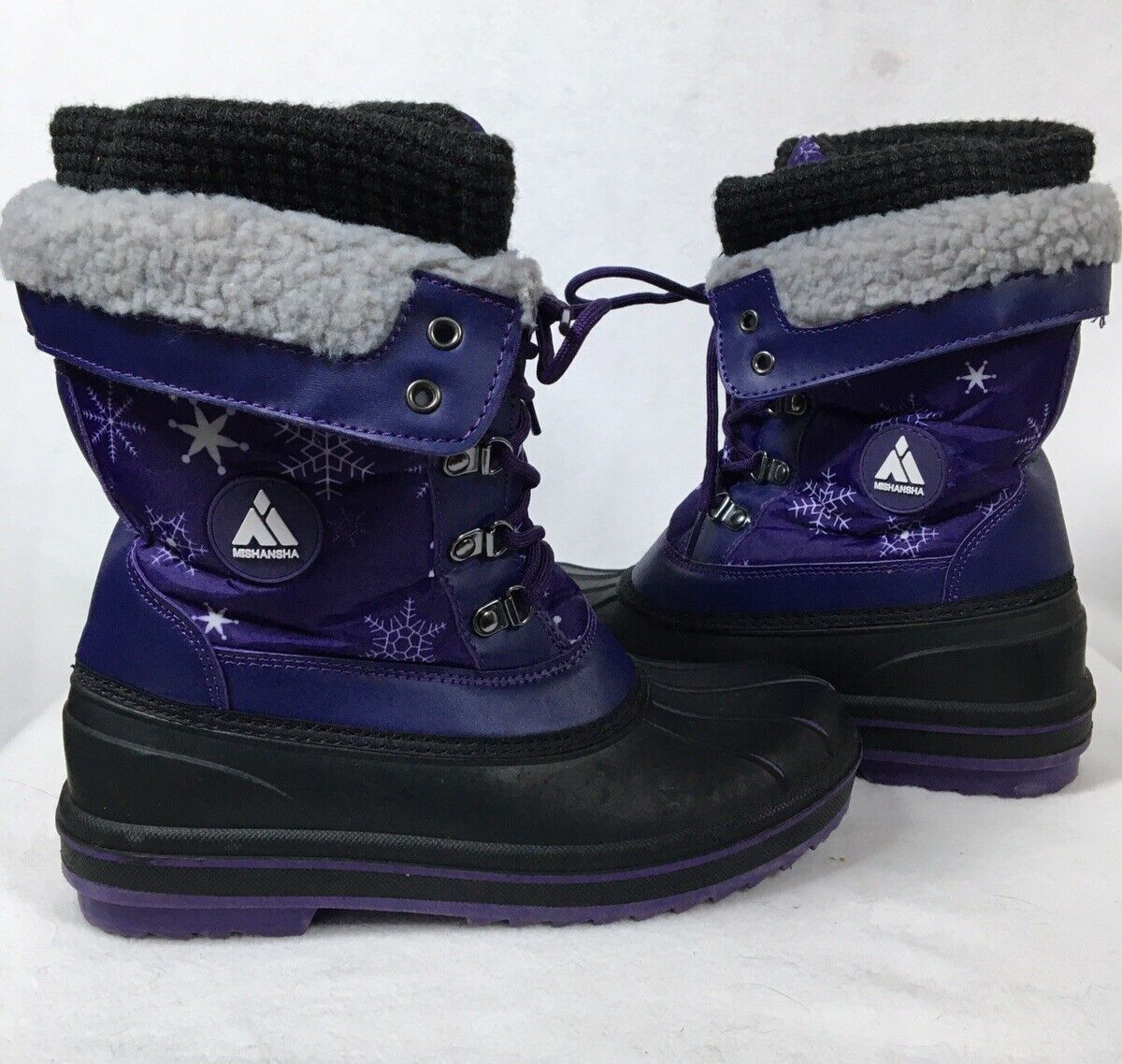 Mishansha Snow Boots Womens Sz 5 Purple Snowflake Lace Up Warm Winter Fur Trim