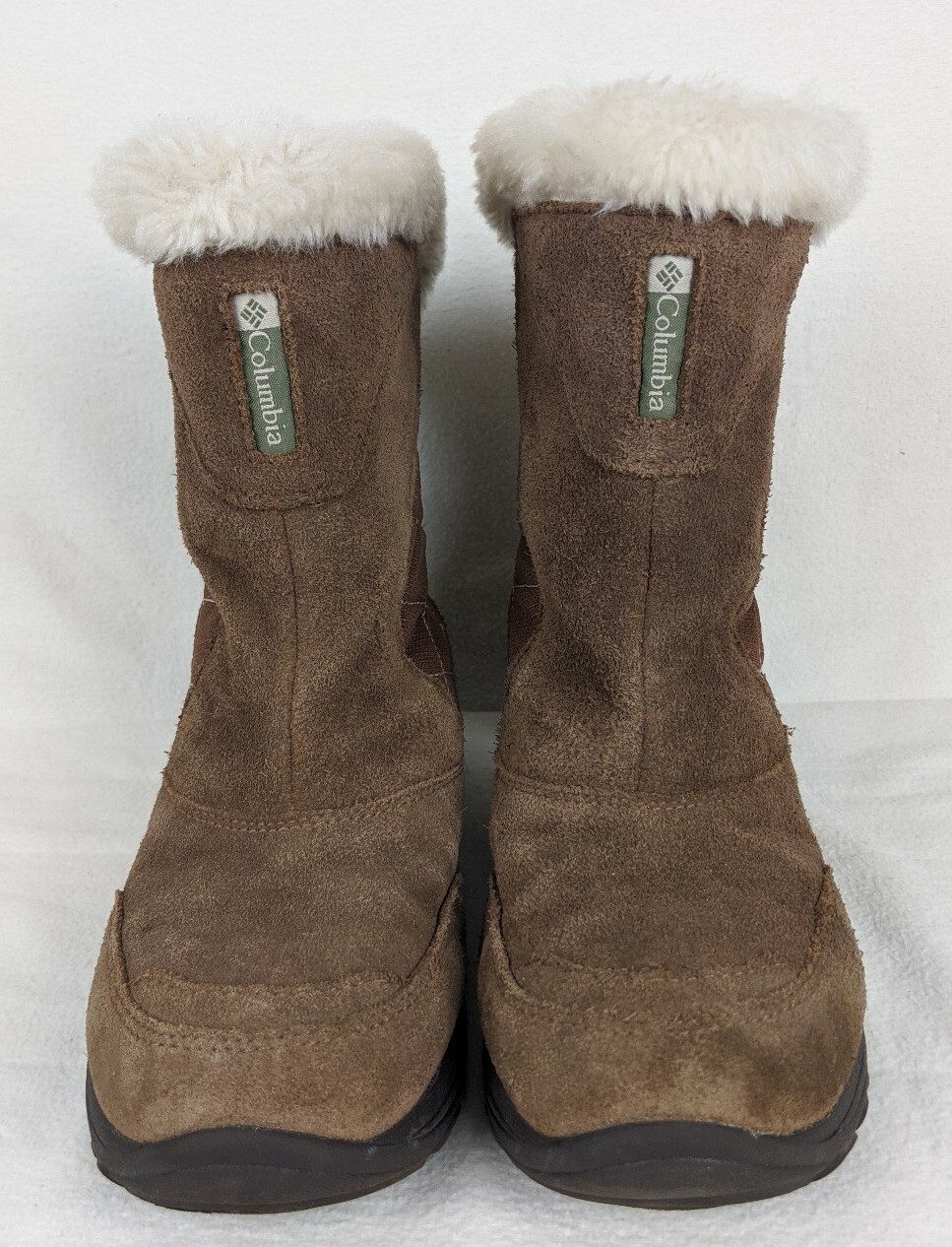 Columbia Big Girls Ankle Boots Sz 4 Leather Suede Brown Winter Faux Fur Pull on