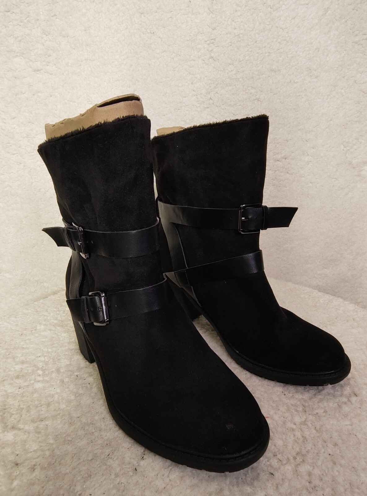 A New Day Women Boots 8 Black Synthetic Pull On Faux Fur Lined Block Heel Shoes