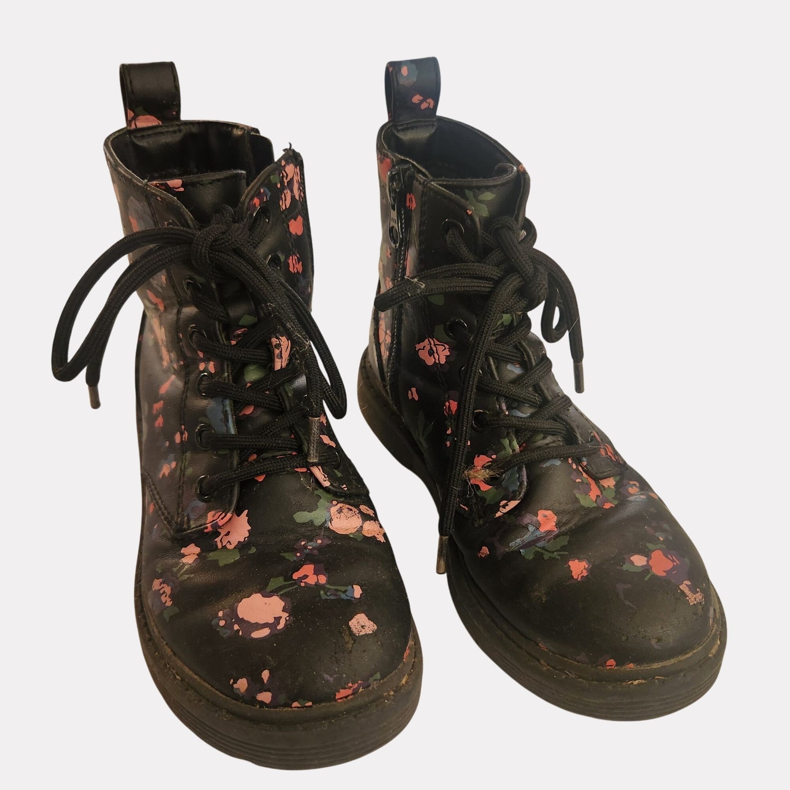 Girls boots Floral Black Combat Side Zipper Lace kidcore grunge cute goth size13