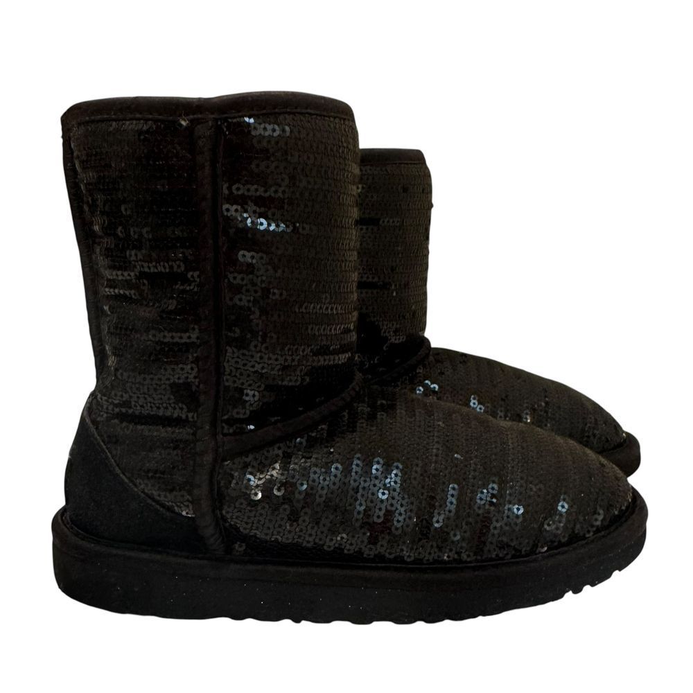 UGG Classic Black Sequin Boots Girls Winter Sparkle Comfort Boots SZ 3 Youth
