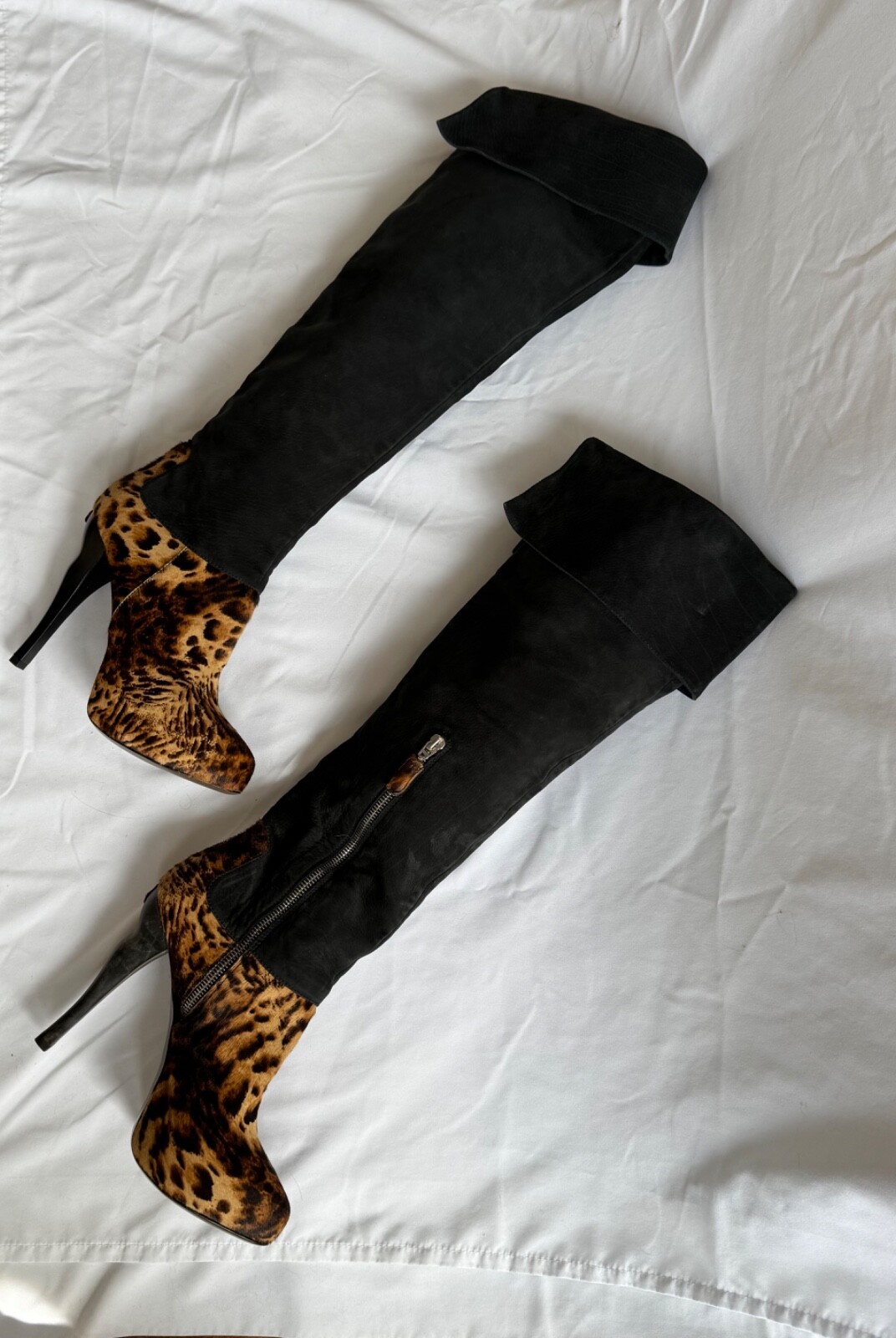 Women Boots Black Suede Pony Leopard Over Knee Hand Made In Italy Size 37