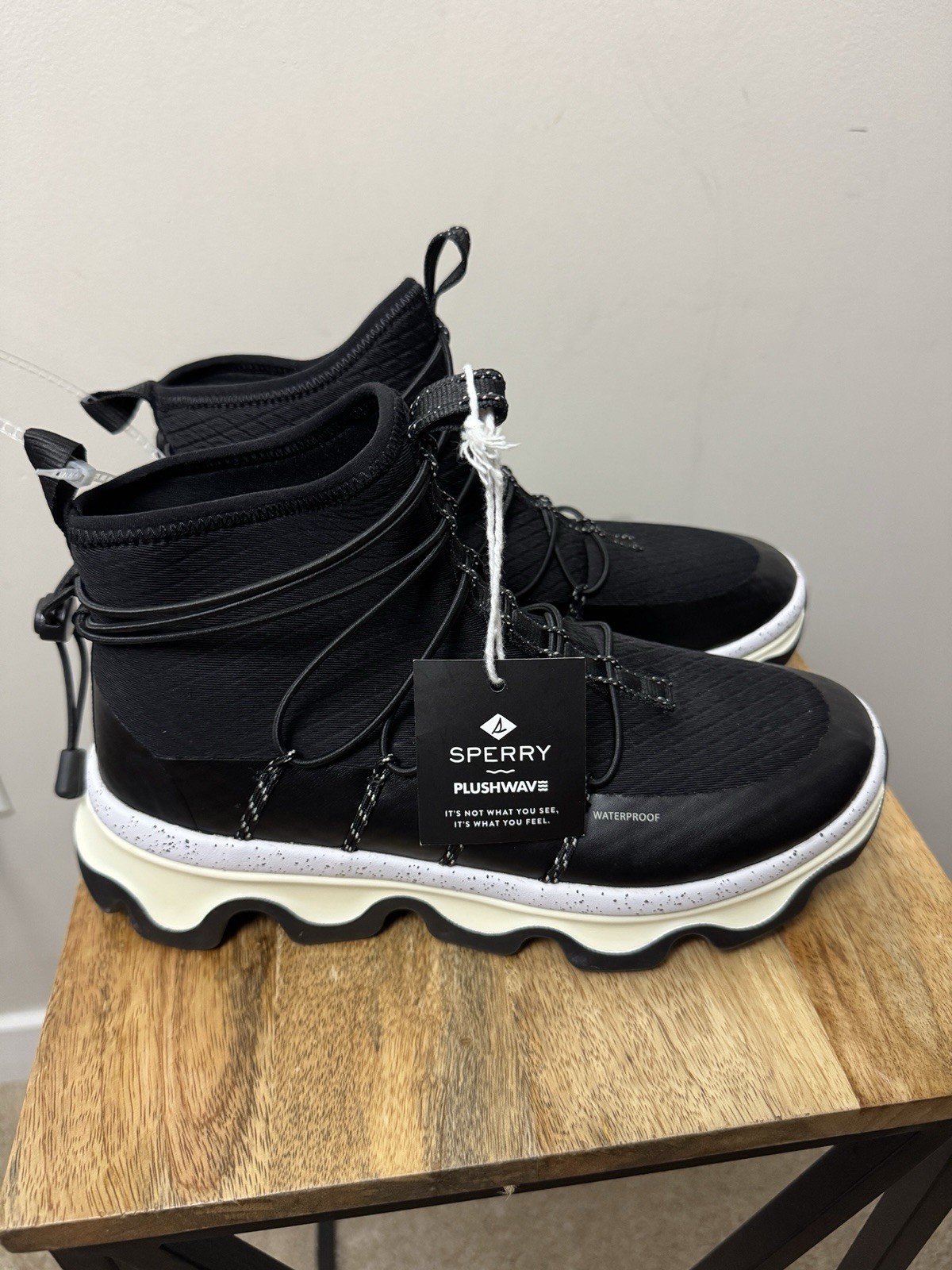 Sperry Women Boots Size 9 Black White Plushwave Ankle Drawstring Water Resistant