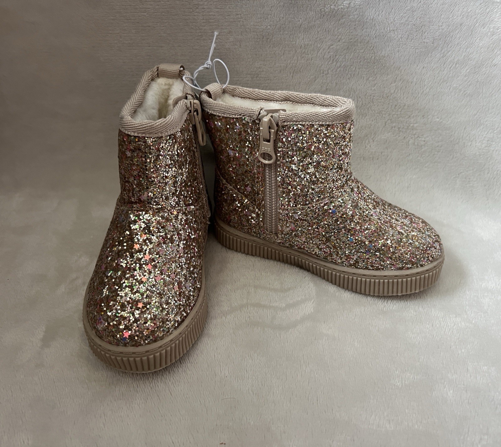 Cat & Jack Boots Arlo Toddler Girls Sz 6 Gold Faux Fur Shearling Glitter Zip