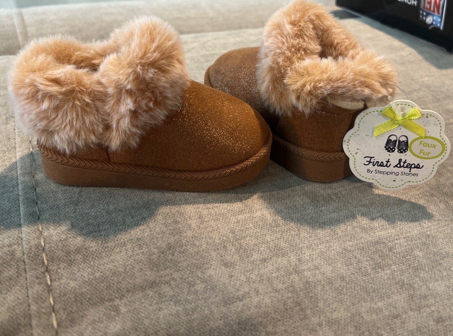 New NWT First Steps Brown Fur Suede Girls Boots Infant Baby Glitter Sz 3C 3