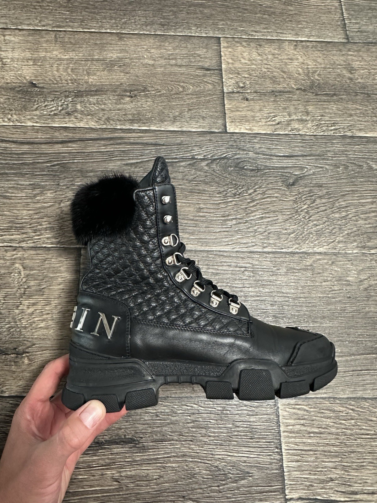 philipp plein black leather fur women boots sz 37 made in italy