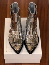 ALEXANDER MCQUEEN SILVER LEATHER ANKLE SILVER CAP BLOCK HEEL WOMEN BOOTS Sz 38
