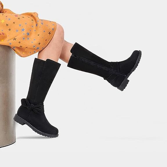 Coutgo Girls Mid Calf Boots Suede Bowknot Round Toe Lug Sole Non-Slip Toddler Ri