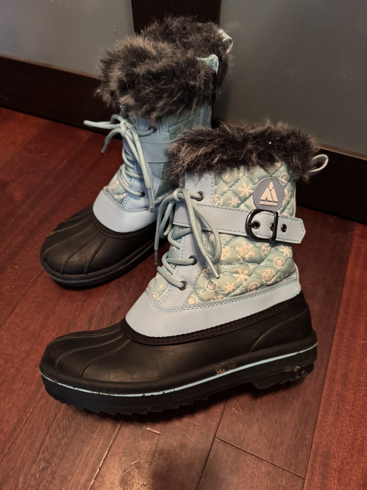 Mishansha Snow Boots Girls Size 5 5Y Blue Snowflake Lace Up Warm Winter Fur Trim