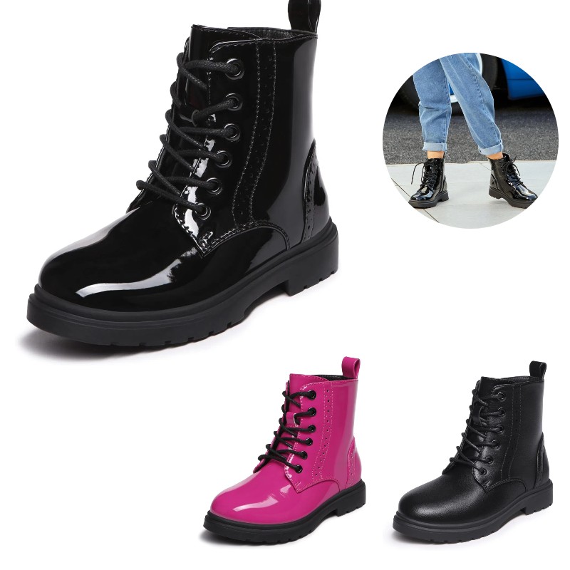 Boys Girls Waterproof Combat Boots Lace Up Side Zipper Ankle Booties for Kid