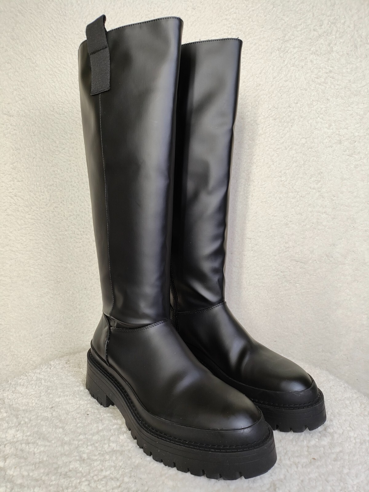 Stradivarius Women Boots 41 Black PU Leather Zip Up Mid Calf Chunky Shoes US 10