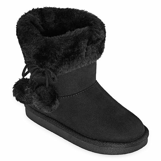 Arizona Jeans Co Girls Winter Boots Faux Fur POM POM SZ 4 M BLACK