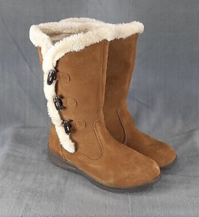 Bass Grove Brown Soft Suede Faux Fur Line Trim Pull On Women Winter Boots Sz 7M