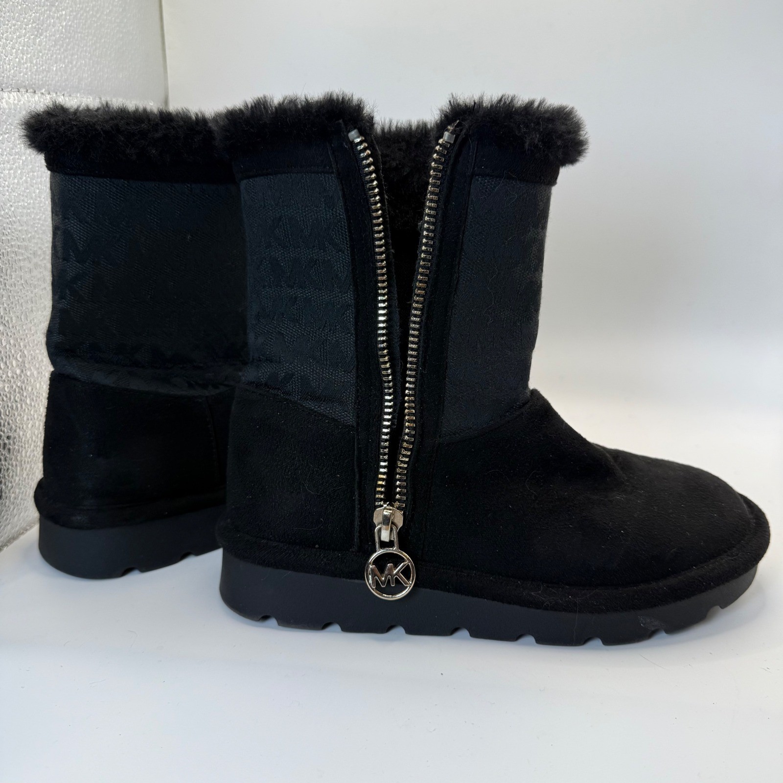 MK Michael Kors Haedyn Boots Faux Fur Trim Logo Zipper Black Kids Size 13