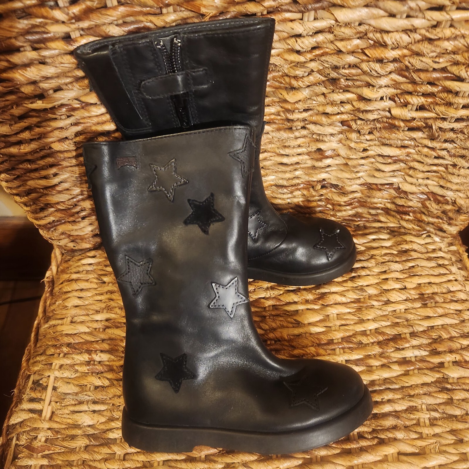 CAMPER Twins Girls Boots Kids 25-us 8 Black Leather Flat Mid Calf- NWOT