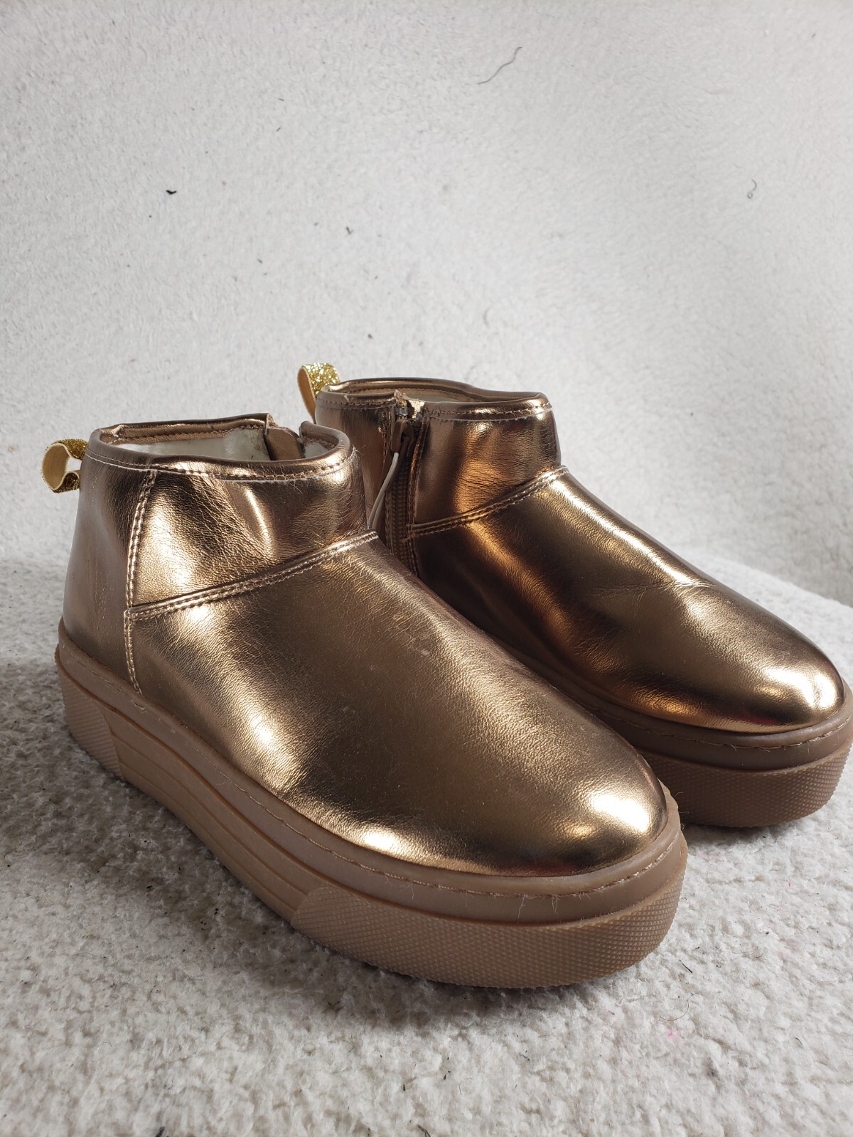 Steve Madden Jslide Girls Boots 3 Gold Metallic Faux Sherpa Ankle Booties Shoes