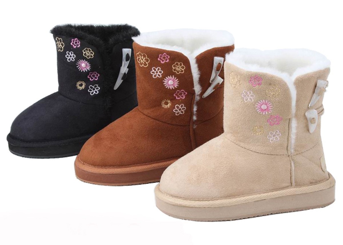 New Girls Winter Boots Faux Suede Warm Fur Lined Button Kids Childrens Size:11-3