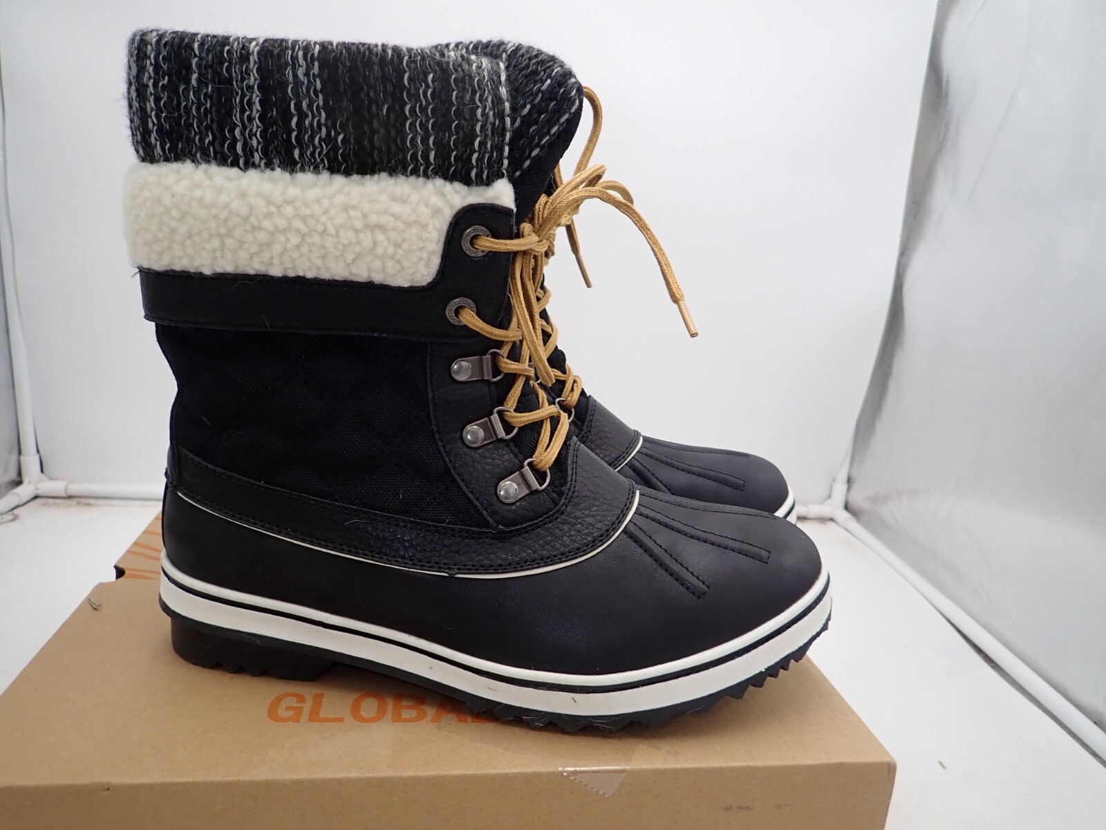 New Globalwin W1910-7 Womens Black Grey Mid Calf Lace Up Winter Boots Size US 10