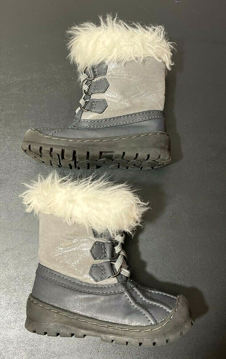 Toddler Girls Winter Boots Silver Sparkle and Navy stretch laces Size 7