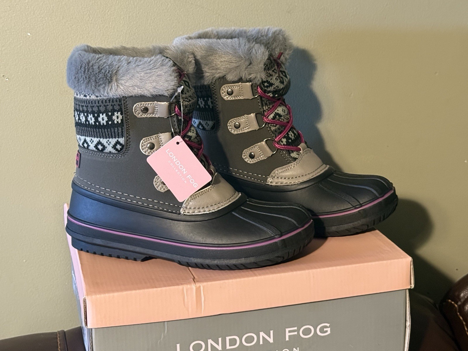 London Fog Girls’ Winter Boots Faux Fur Lined Waterproof Grey
