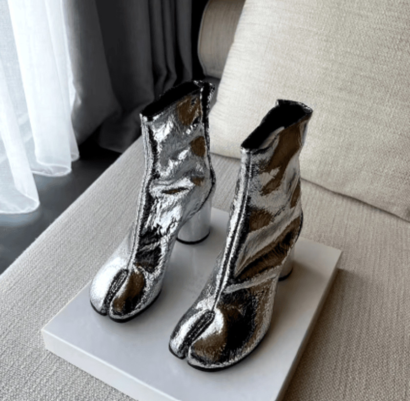 Size 12 Tabi Boots Split Toe Chunky High Heel Women Boots -Silver