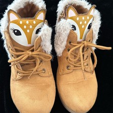 FabKids Girls Deer Face Fur Lined Boots Brown Size 13 Casual Ankle Adorable Cute